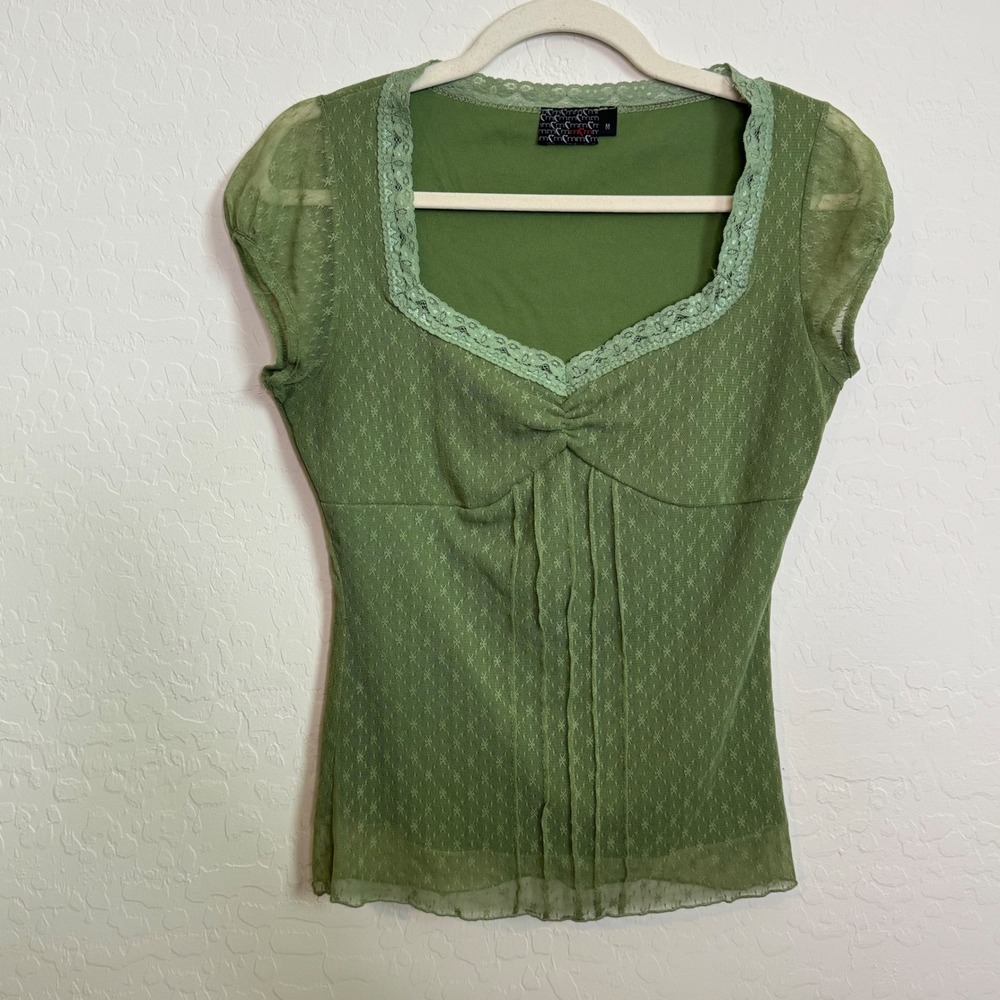 Y2K Romantic Olive Green Mesh Lace Sweetheart Floral Pointelle Top Boho Sz M - Picture 1 of 8